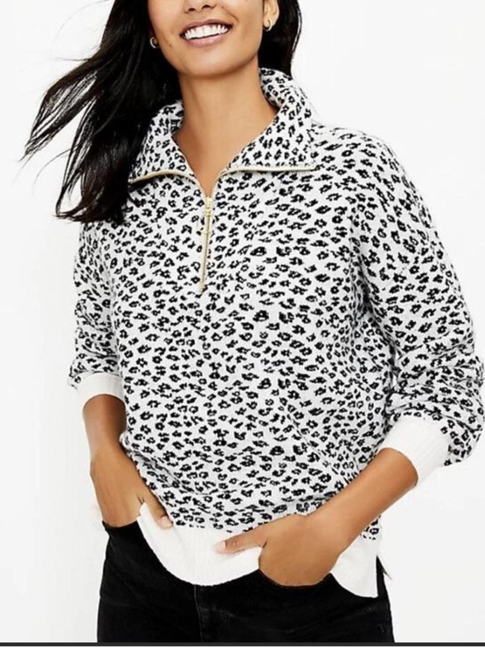 Ann Taylor LOFT Leopard Print Knit 1/4 Zip Pullover Sweatshirt Sweater Medium M